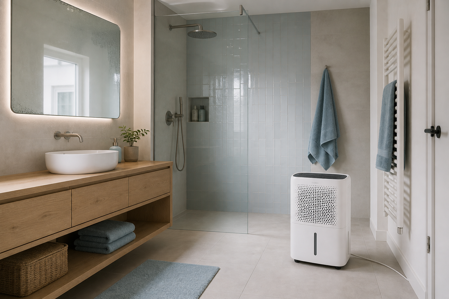 Ontvochtiger veilig opgesteld in een droge moderne badkamer